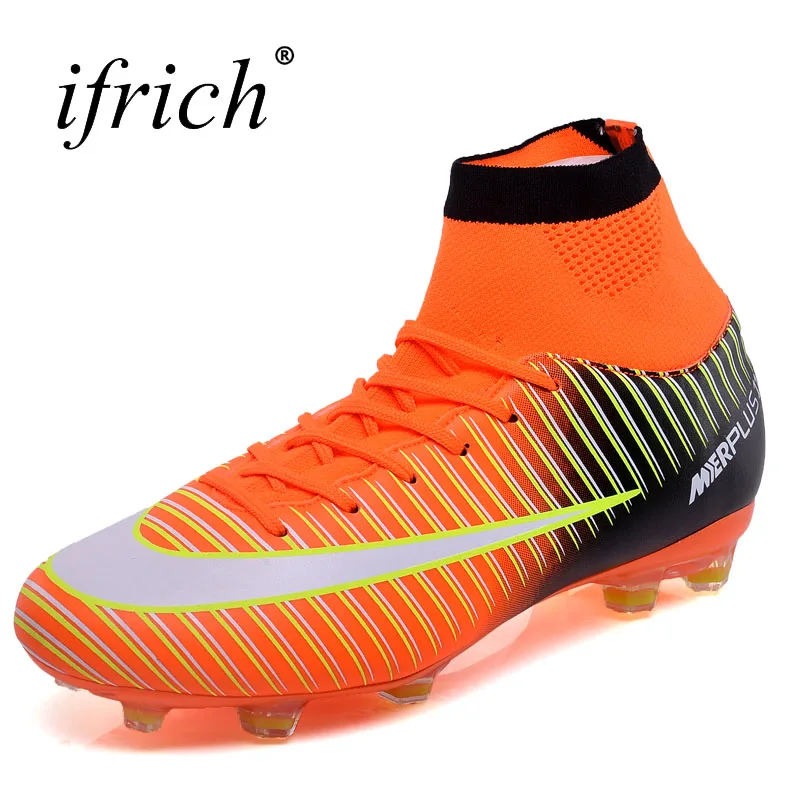 Ifrich 2017 High Ankle Football Boots for Men Kids Long Spikes Outdoor Soccer Shoes Men High Ankle Football Boots With Sock