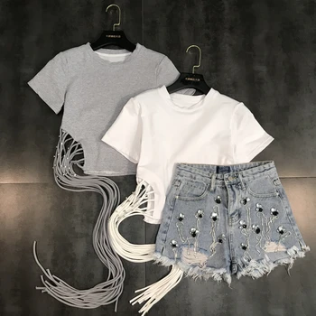 

2019 Spring Summer New Round Neck Short Sleeve T Shirt Women Splicing Network Tassel top tee M70