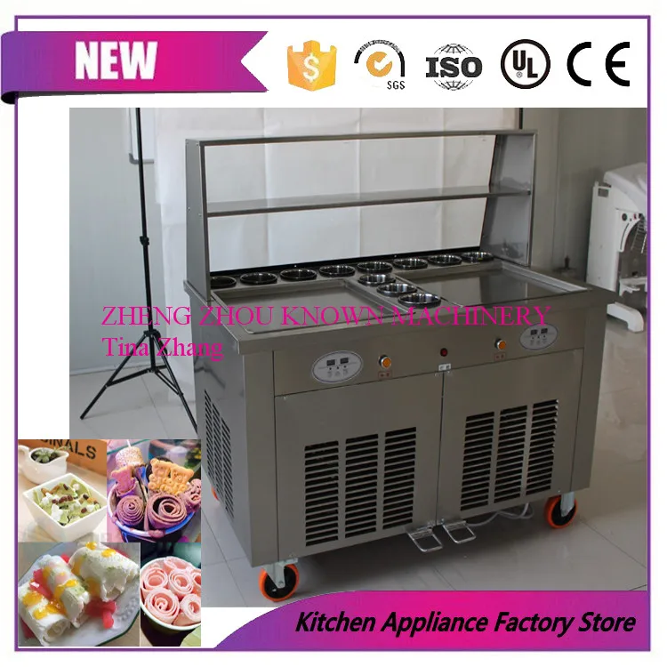 Free shipping thailand roll fry ice cream machine double square pan