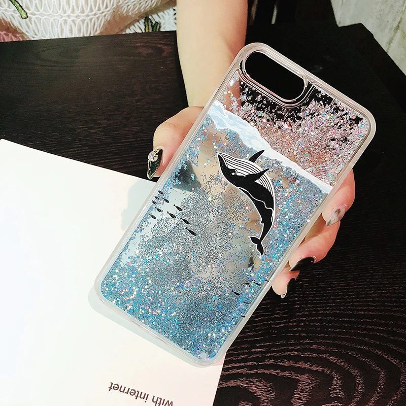 

Luxury Cartoon Whale Fish Phone Case For iPhone 8 Plus X 7 Plus 6 6S Plus XS Transparent Glitter Dynamic Liquid Quicksand Case