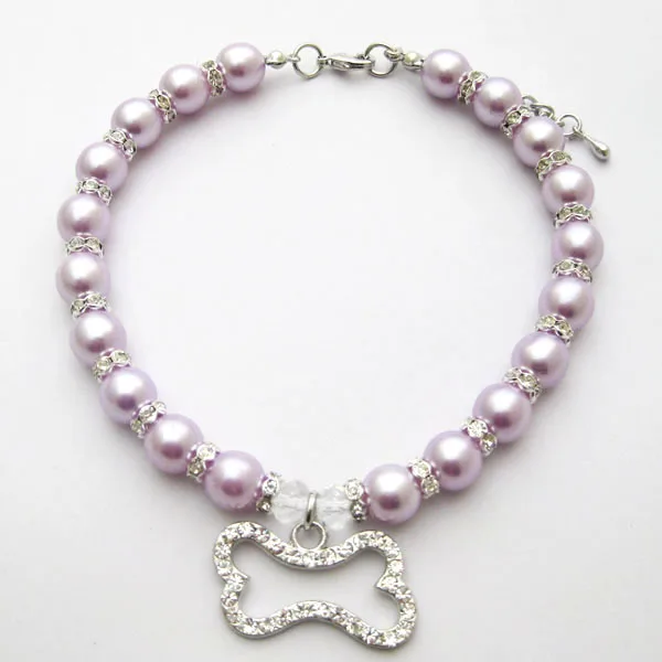 Dog Cat Pearls Necklace Collar Bling Rhinestones Bone Charm Pendant Pet Puppy Wedding Party Jewelry for Female Dogs Cats