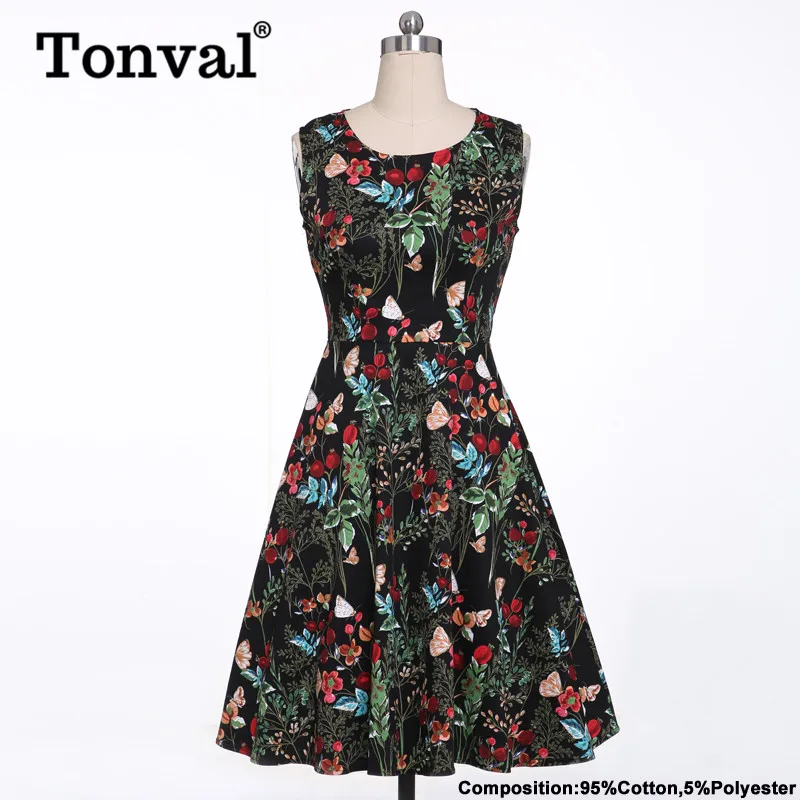 Tonval рокабилли Гламурное разноцветное платье с цветочным рисунком в стиле ретро, женские хлопковые вечерние платья 1950 s, черное винтажное ТРАПЕЦИЕВИДНОЕ ПЛАТЬЕ