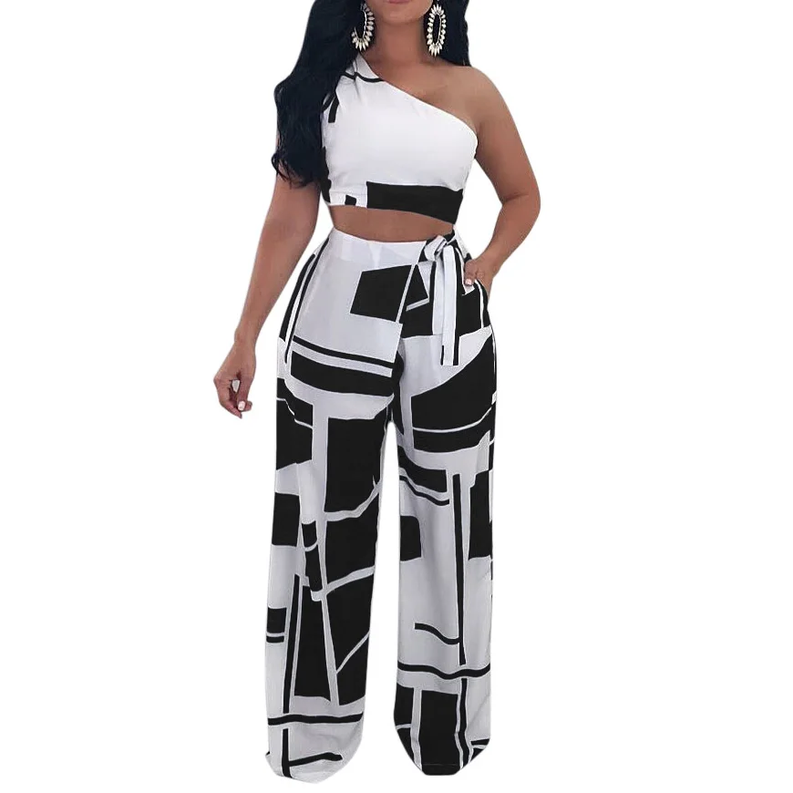 

Sexy Two Piece Set Women One Shoulder Sleevless Short Top And Bow Sash Wide Leg Pant Suits 2 Piece Set Summer Outfits