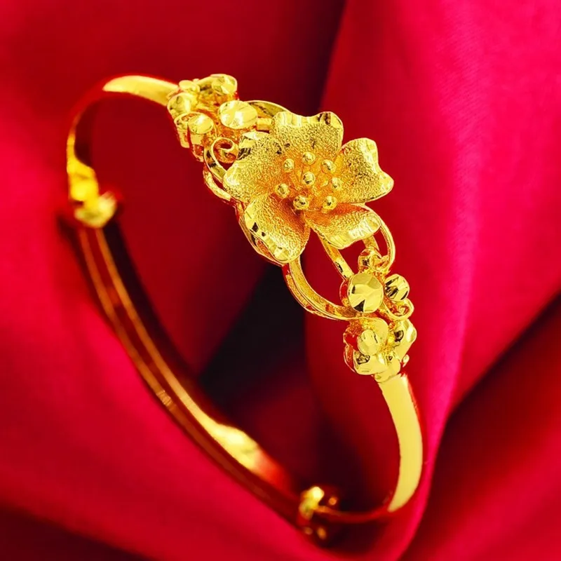 

Rose Flowers Bangle Real Yellow Gold Filled Womens Adjustable Bracelet