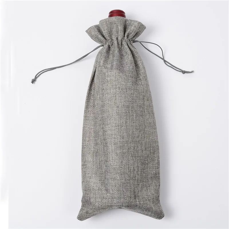 1 pc 15*35cm Rustic Jute Burlap Wine Drawstring Bags Wine Bottle Covers Reusable Bottle Wrap Gift Package Wine Bags - Цвет: gray