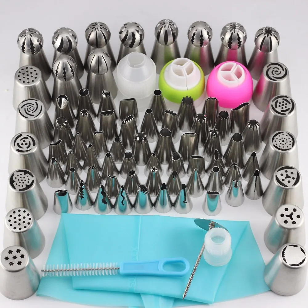 

Mujiang 77Pcs Stainless Steel Russian Nozzles Icing Piping Pastry Tips Cake Decorating Tools 2Pcs Silicone Bag 4 Coupler 1 Brush