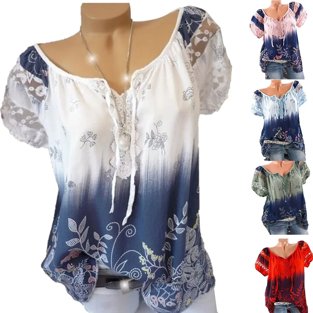 

Women and Women Plus Floral Printed V Neck Loose Baggy Tops Tunic Lady's Plus Size Casual Lace Short Sleeve T Shirts
