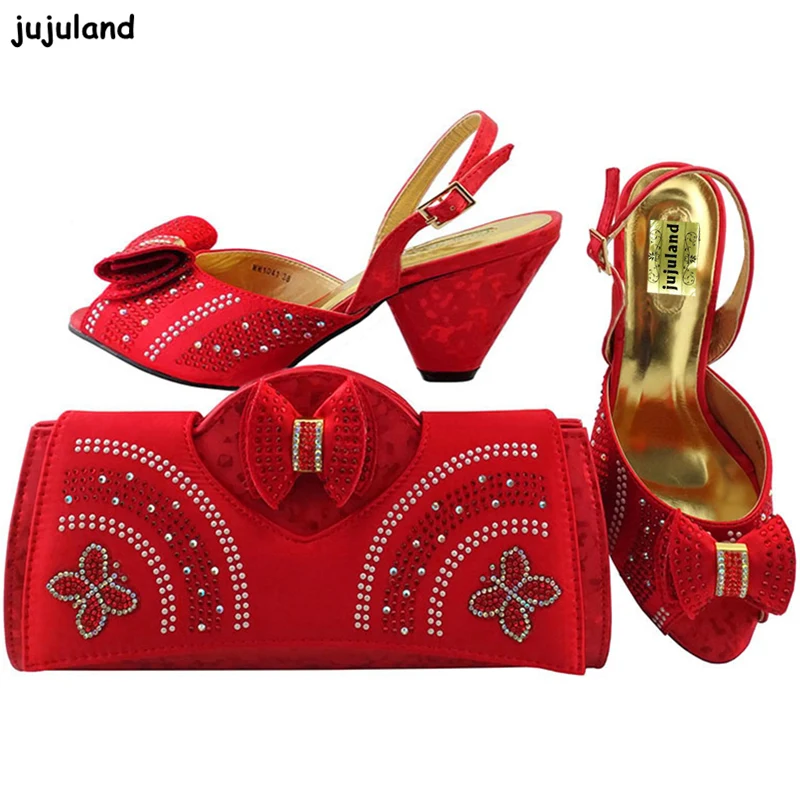 Red Color Matching Shoes and Bag Set Decorated with Appliques Italian Shoes with Matching Bag