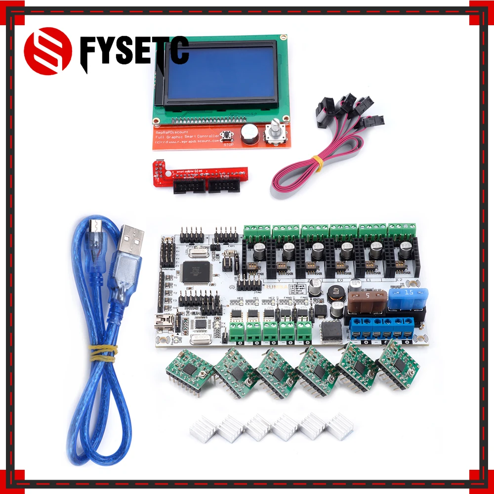 

Rumba Plus Board+2004/12864 LCD Control Display +6pcs A4988 Stepper Motor Driver For 3pcs Extruder Rumba Plus Motherboard