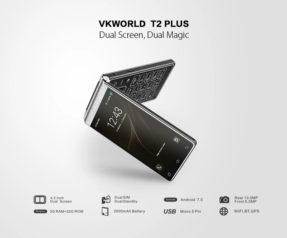 Vkworld T2 плюс 4 г 3 ГБ Оперативная память 32 android7.0 флип смартфон MT6737 ядра 4.2 &quotIPS