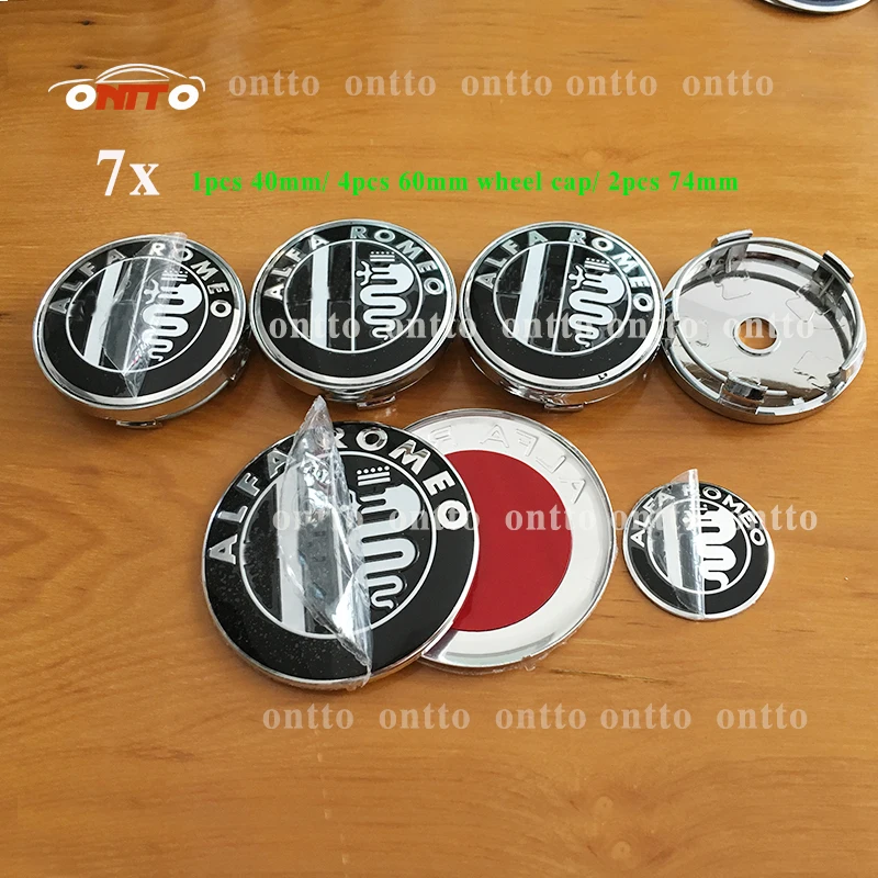 

7Pcs ALFA ROMEO 74mm Car Front Hood logo auto Rear Trunk Emblem 40mm steering Wheel stickers 50mm 56mm 60mm Wheel Hub Cap Badges
