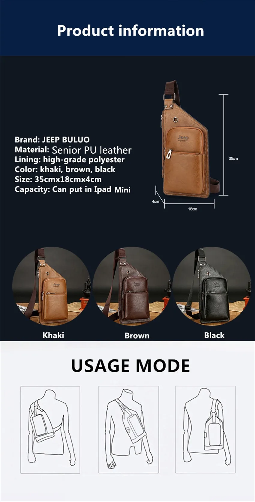 JEEP BULUO, известный бренд, мужская сумка-слинг, кожаная мужская нагрудная сумка, модная Простая Дорожная сумка через плечо для молодых мужчин, сумка-мессенджер