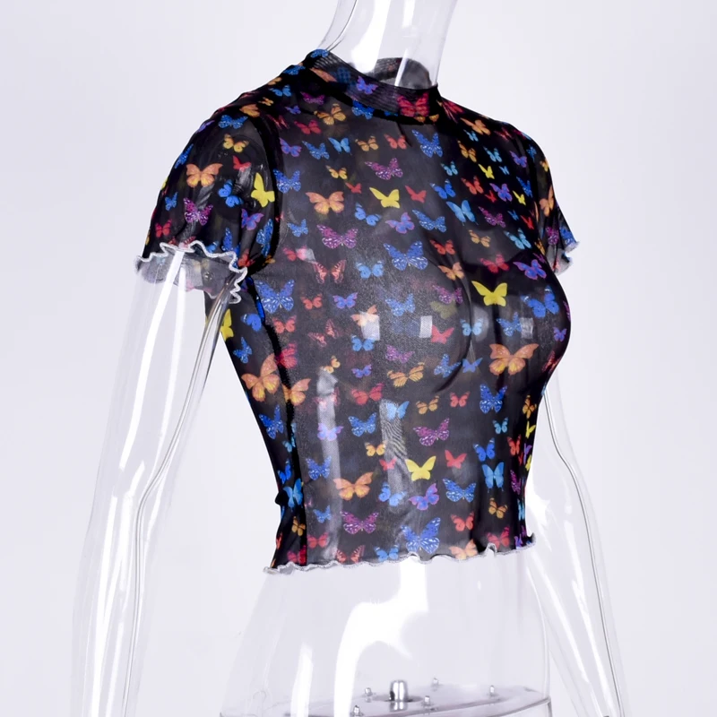 Dulzura лето осень женская футболка сетка сексуальная прозрачная бабочка печать фестиваль укороченный топ топы одежда женская футболка