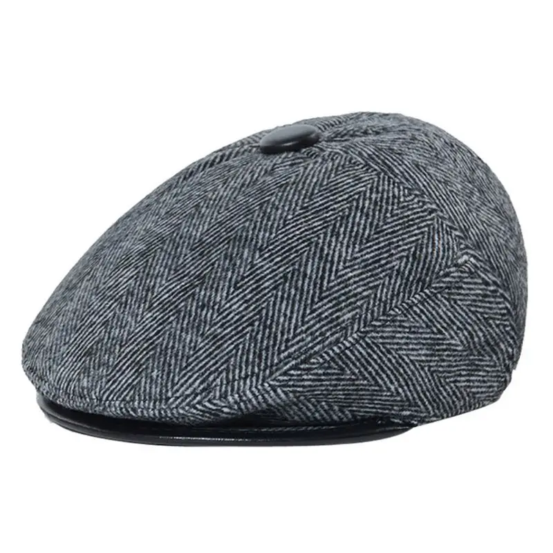 Retro Peaked Cap for Men Gentleman\'s Woolen Newsboy Cap Autumn Winter Thick Warm Ear Caring Worsted Papa\'s Long Hunting Caps - Цвет: Темно-серый