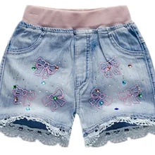 Модные шорты с эластичной резинкой на талии для девочек летние детские джинсовые шорты для детей, одежда ковбойские шорты с кружевом и жемчужинами и блестками для детей от 3 до 10 лет