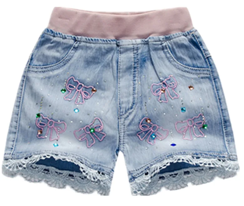 

Girls Fashion Elastic Waist Shorts Summer Children Denim Shorts For Kids Clothes Lace Pearls Sequins Cowboy Shorts For 3-10 Year