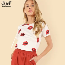 Dotfashion белая повторяющаяся Красная футболка с принтом губ для женщин модная одежда Топы Повседневная летняя футболка с коротким рукавом и круглым вырезом