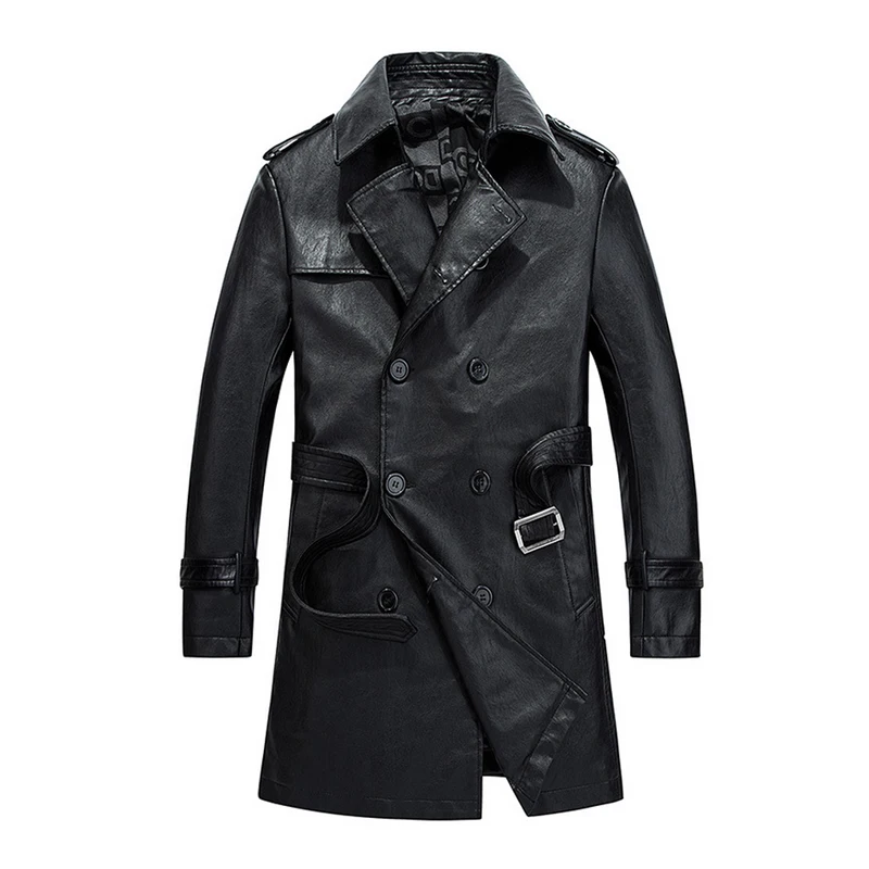 

new men's leather coat high quality washed faux leather long trench coat double breasted slim PU overcoats with belt