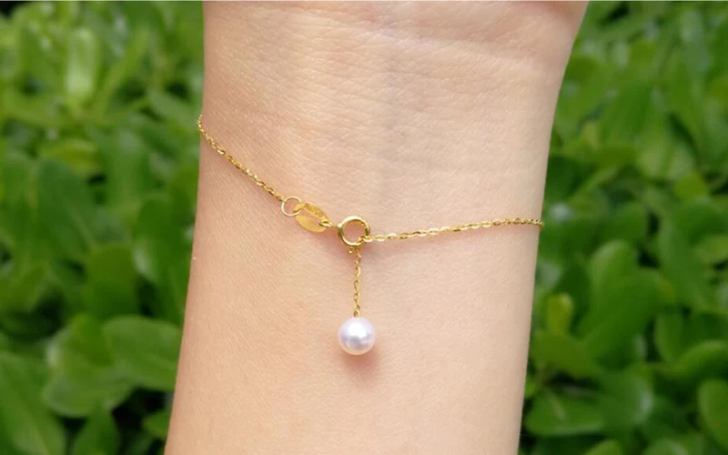 Sinya 18k gold Chain bracelets with 7.5-8mm natural round pearls for women girls Mum lover length 15.5cm to 18cm optional  (3)