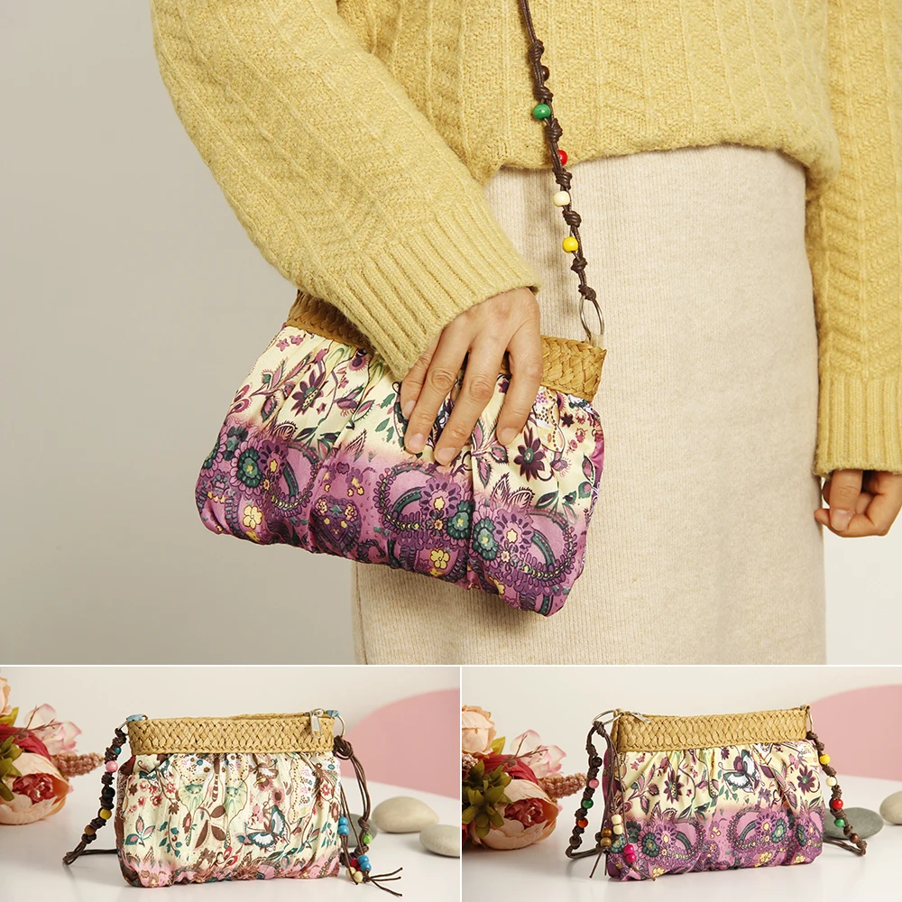 

Summer Straw Bags For Women Mini Boho Bag Bohemian Floral Printing Strap Bag Ladies Handbags Small Beach Messenger Bags