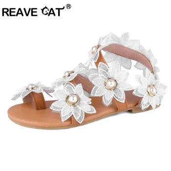 

REAVE CAT Summer floral beach sandals Woman Flat shoes for girl student Slip on Clip toe sandal White zapatos mujer big size 43