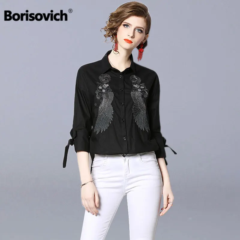 

Borisovich Office Lady Elegant Shirt New Brand 2019 Spring Fashion Turn-down Collar Embroidery Women Casual Blouses Shirts N797