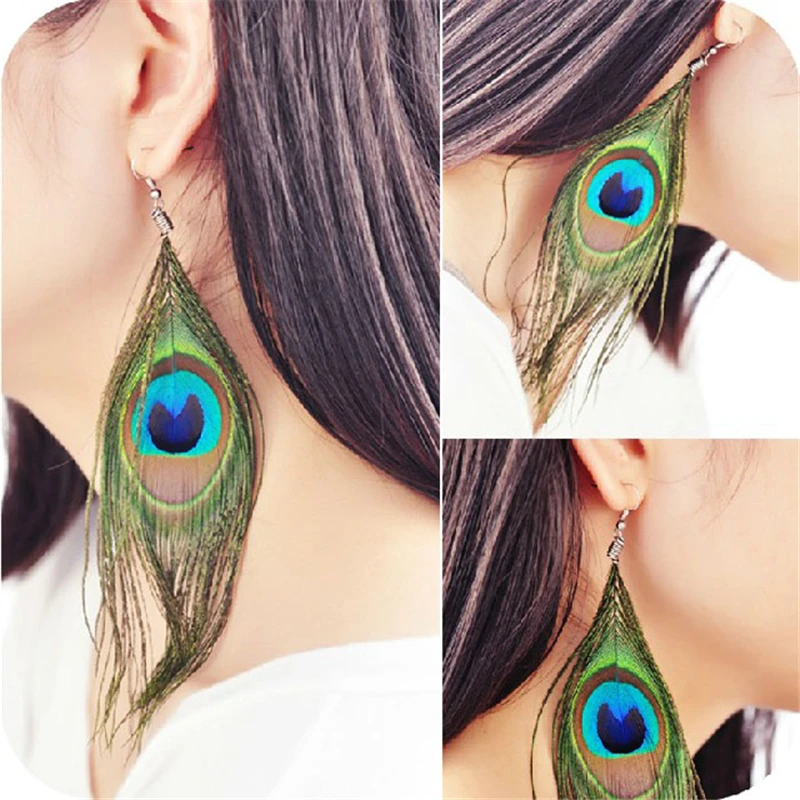 

Fashion BOHO Style Peacock Earrings Feather Shiny Silvery Hook Women's Dangle Earrings Eardrop Ornaments Jewelry Oorbellen 1.21