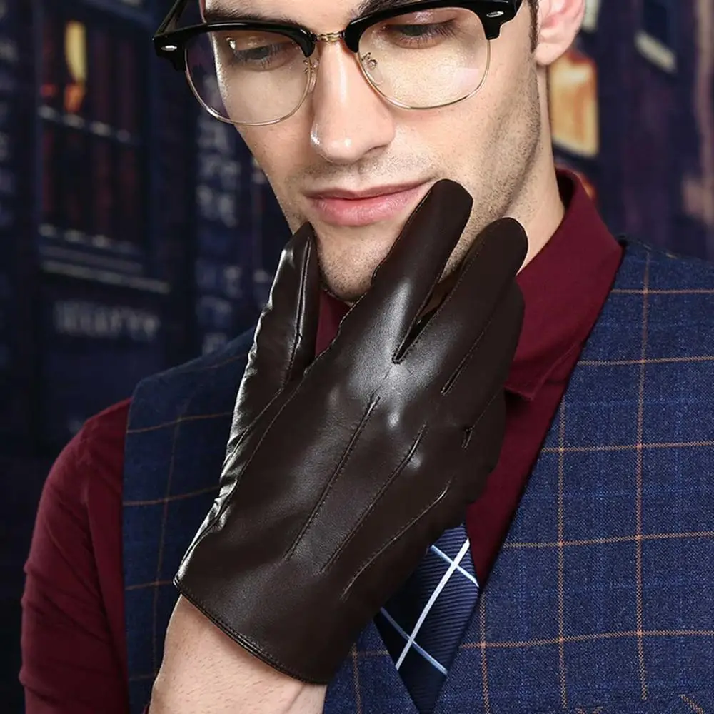 Теплые зимние мужские перчатки, натуральная кожа, черные кожаные перчатки, мужские кожаные перчатки, зимние мужские перчатки, ST008 - Цвет: Коричневый