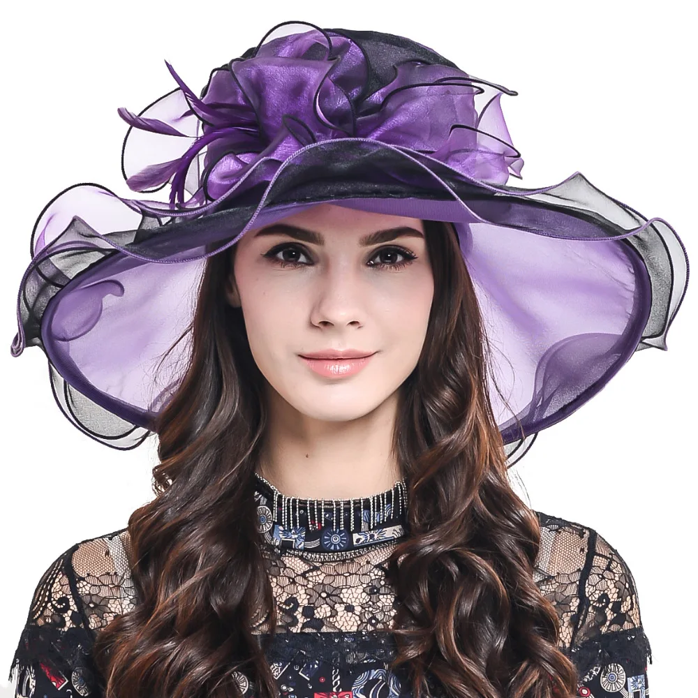HISSHE Womens Kentucky Derby Church Hat Female Elegant Organza Wide Brim Ruffle Floral Wedding