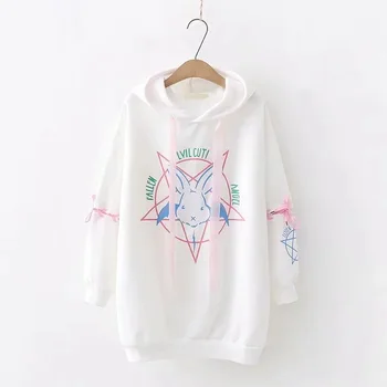 

2019 Harajuku Pentagram Print Lace Up Women Fleeces Hoodies Gothic Punk Oversize Velvet Hooded Sweatshirt Pullover Streetwear