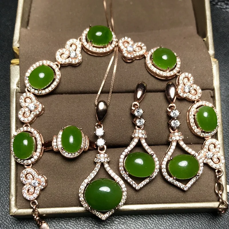 MeiBaPJ Classic Natural Nephrite Jade Gemstone Jewelry Set 925 Sterling