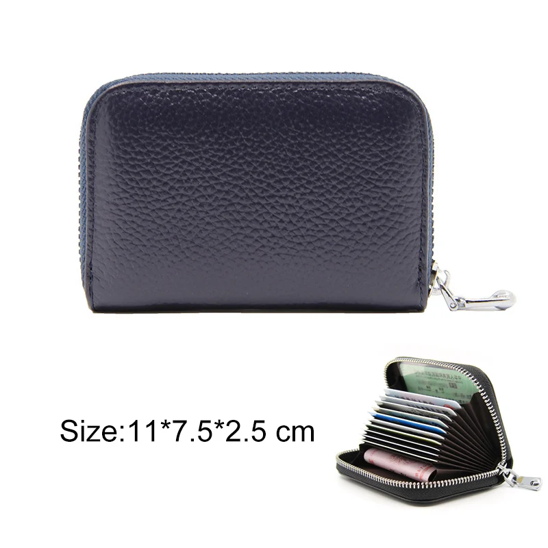 RFID кошелек из натуральной кожи женский аккордеон бизнес-держатель для карт Многофункциональный длинный кошелек на молнии для монет для путешествий клатч - Color: Navy short