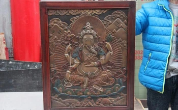 

song voge gem S1458 27 Tibet Buddhism Wood inlay Copper board Painted Ganapati Elephant God Thangka