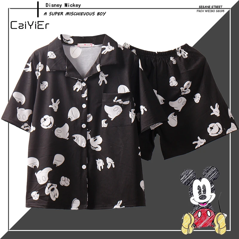 

Caiyier Black Mickey Loose Pajama Sets Women Short Sleeve Sleepwear With Eye Mask Cotton Nightwear Casual 2019 Summer Homewear