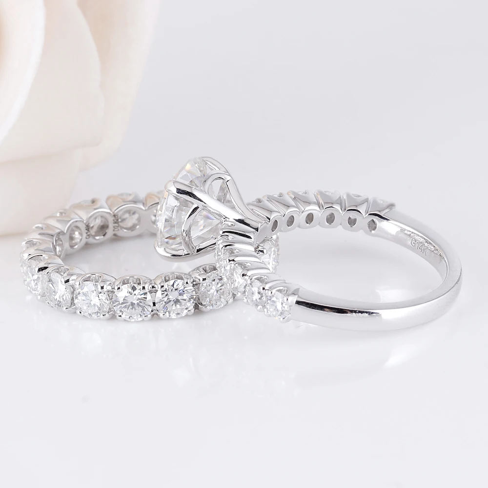 14K White Gold 3ct 9mm F Color Hearts and Arrows Cut Moissanite Engagement Ring Set with Accent(3)