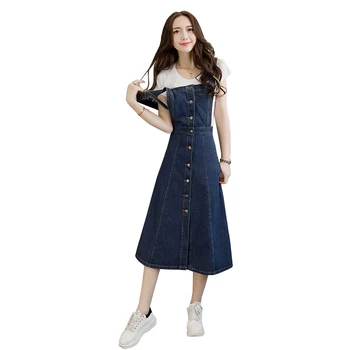

Casual ladies denim dress 2019 New Fashion Women Dresses College Wind Blue Maxi Loose Sleeveless Square Neck Casual Party Dress