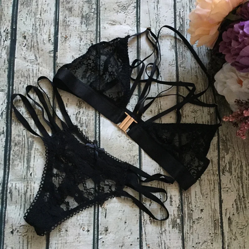 Criss Cross Кружева Bralette Бюстгальтер Трусы Набор Черный Sheer Трусики Ремешками Клетка