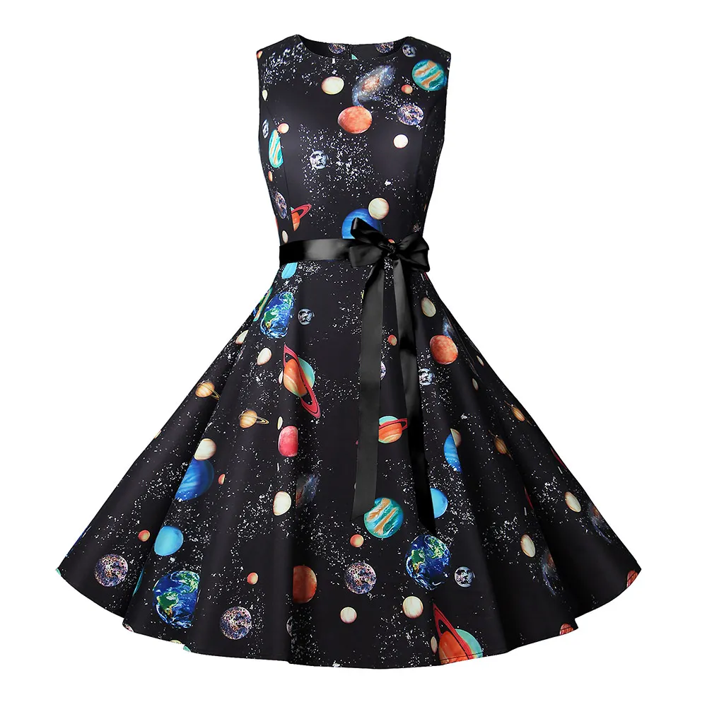 Summer Dress Women New Cosmic Planet Print Vintage Dress With Belt Sleeveless Elegant Party Retro Dresses Sundress Vestido - Цвет: Синий