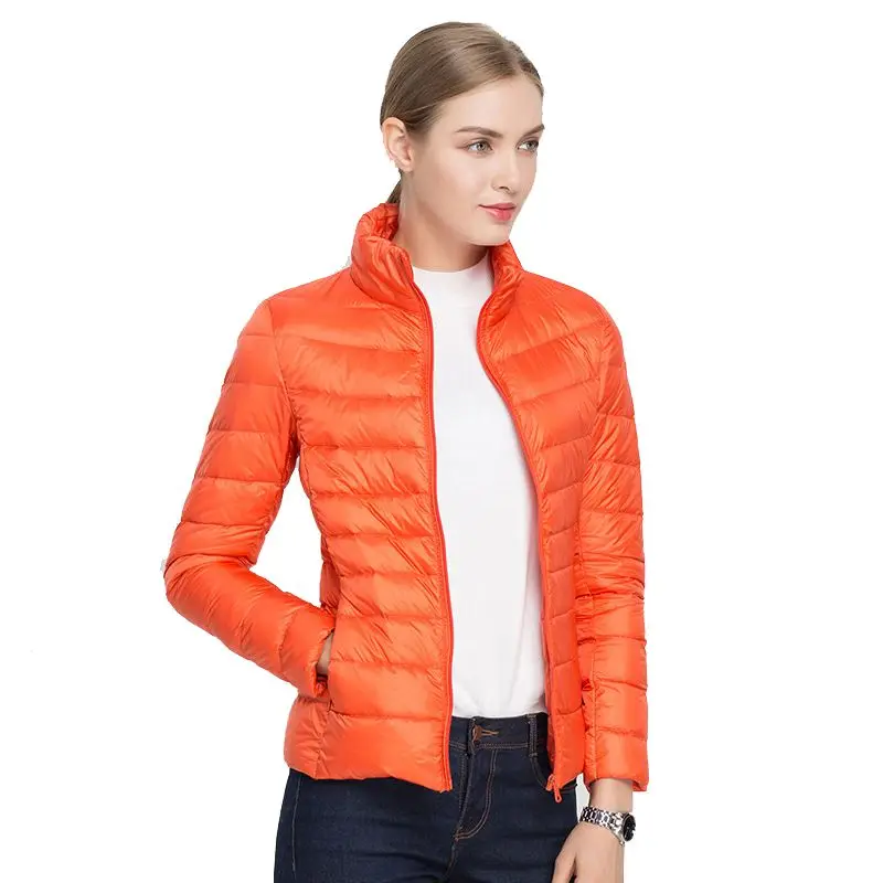 Сверхлегкий тонкий женский пуховик, зимнее теплое короткое приталенное пальто с воротником-стойкой - Цвет: Оранжевый