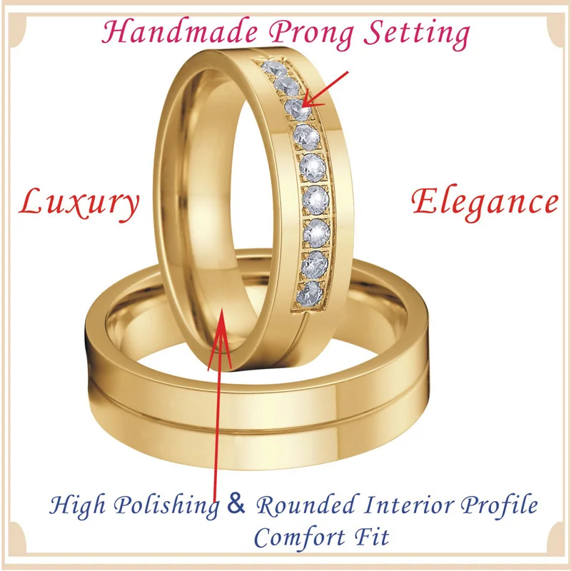 Polishing Gold Color cz Promise Wedding Band Rings pair set for couples Lovers Men's women's rings Alliance anel (3)