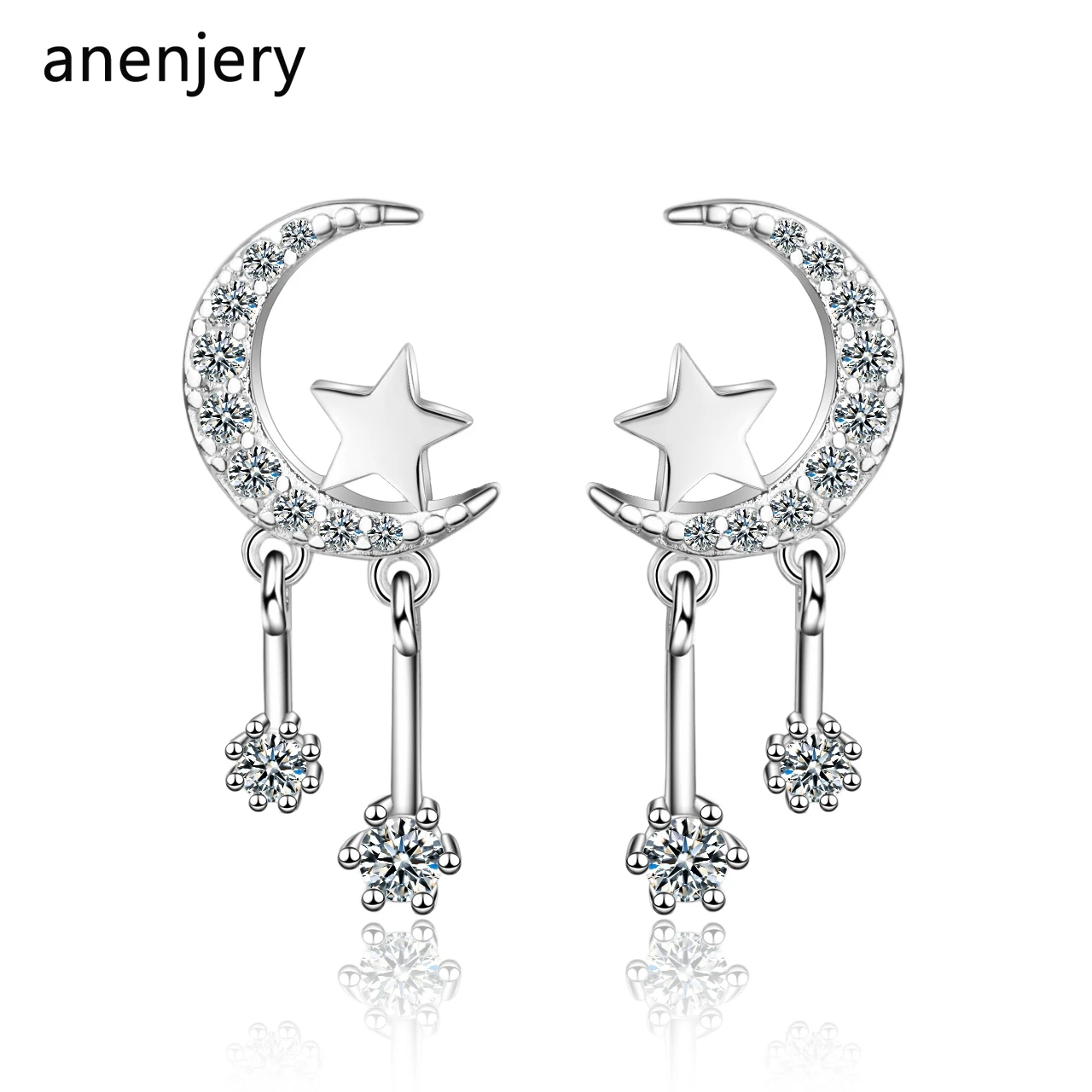 Anenjery простой 925 пробы Серебряный мозаичный Циркон Луна Звезда кисточкой серьги для женщин подарок brincos oorbellen S-E813