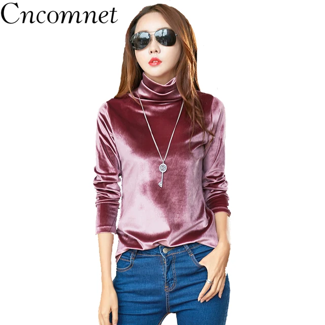 US $8.91 CNCOMNET Ladies Tops Gold Velvet High Collar Long Sleeve Solid Color Bottoming Shirt Top Women Autu