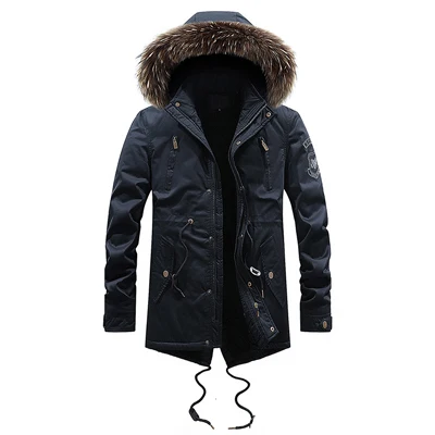 Модная зимняя мужская куртка высокого качества из хлопка, длинный плащ с меховым воротником, повседневная верхняя одежда, бархатная ветровка, Толстая теплая парка для мужчин - Цвет: Черный