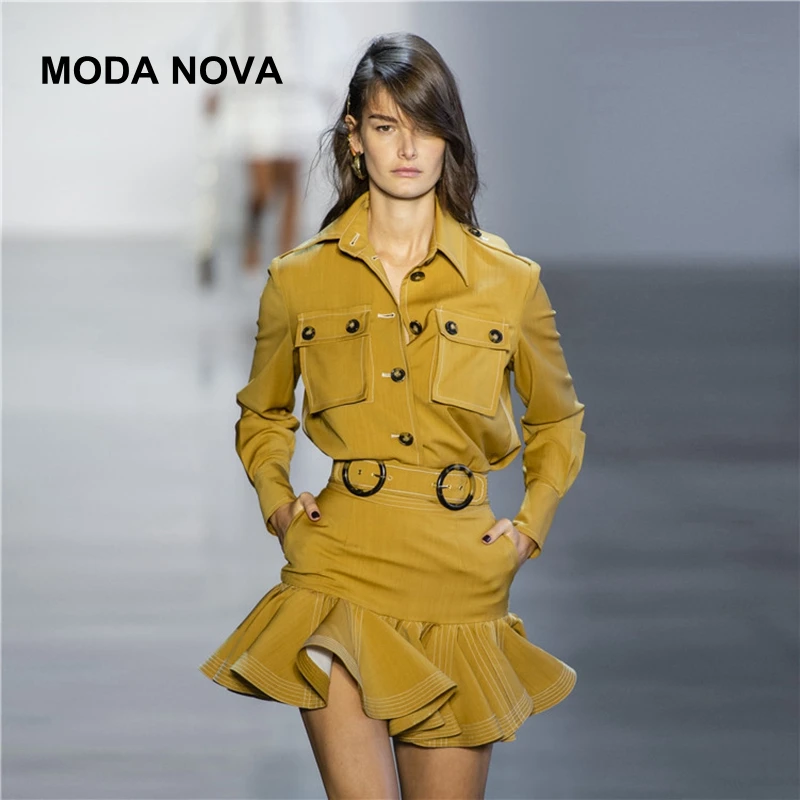 MODA NOVA дизайнер из двух частей комплект длинный рукав рубашка и оборками мини-юбка 2018 Для женщин пикантные Винтаж осенняя одежда Befree