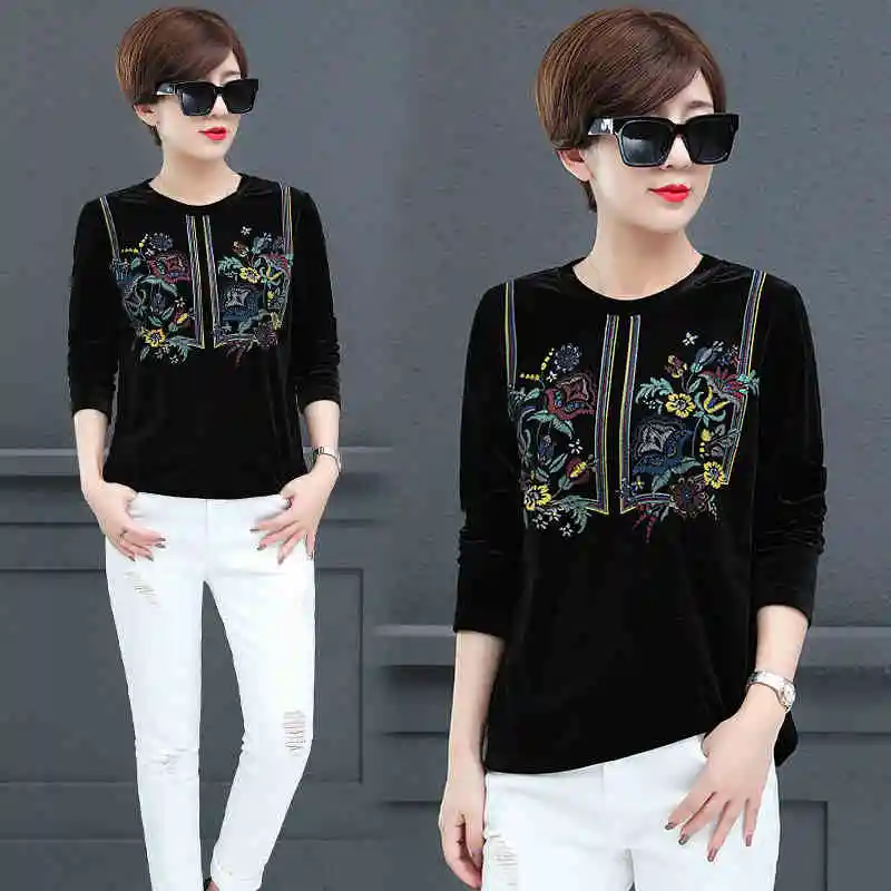 

2019 Autumn Winter M-3XL Women Round Neck Long Sleeve Printing Velour Tee Shirts Girls High Quality Velvet Tops Bottoming shirt