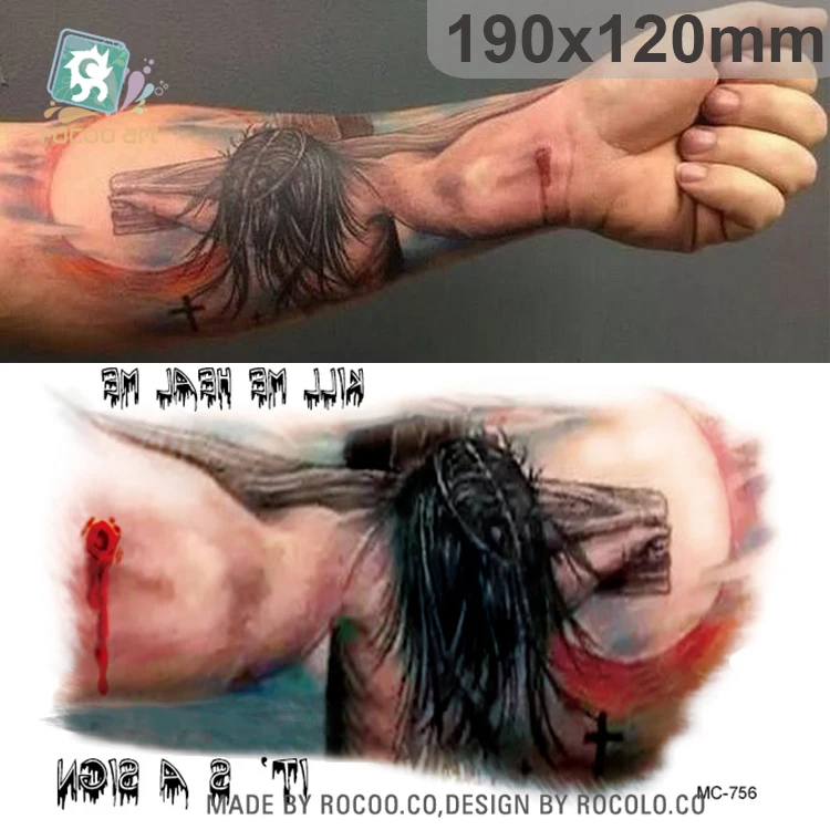 

Rocooart Jesus Tattoo Stickers Christian Religious Fake Tattoo Body Art Taty Waterproof Temporary Tattoo Men On Cross Tatouage
