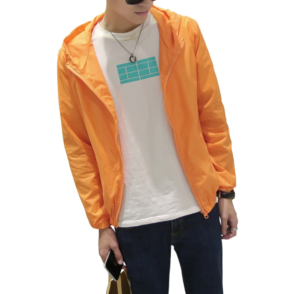 

Men Solid Sun Protective Coat Thin Slim Fit Hooded Zipper Long Sleeves Coat -MX8
