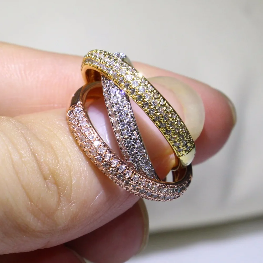 Triple Circles Gold/Rose Gold/Silver Ring Three Colors Luxury Jewelry 925 Silver Pave CZ Ring Women Wedding Finger Rings Gift