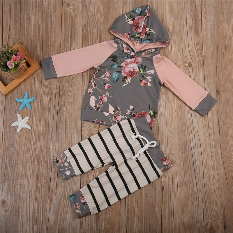 Осенне-зимние топы с капюшоном и цветочным принтом для новорожденных девочек, штаны в полоску, леггинсы, наряды для малышей для девочек и мальчиков, одежда