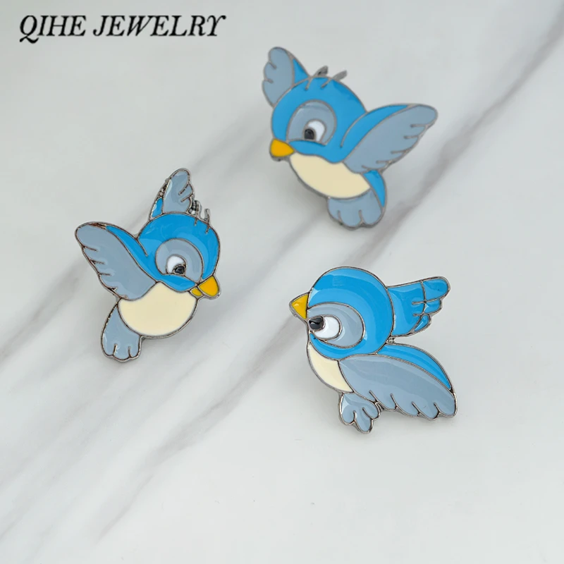 

QIHE JEWELRY Brooches & pins Cartoon hard enamel blue birds pins Denim jacket badge collar hat bag decorative jewelry